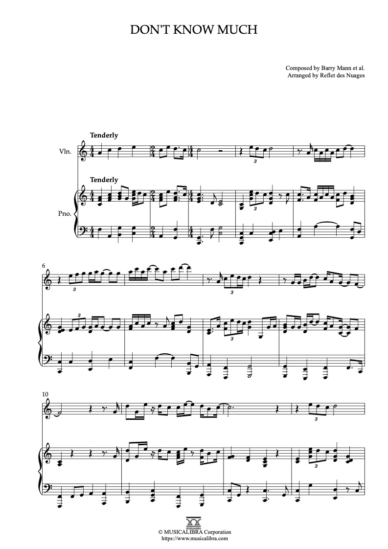 Sheet music of Linda Ronstadt and Aaron Neville Don't Know Much arranged for violin and piano duet chamber ensemble preview page 1