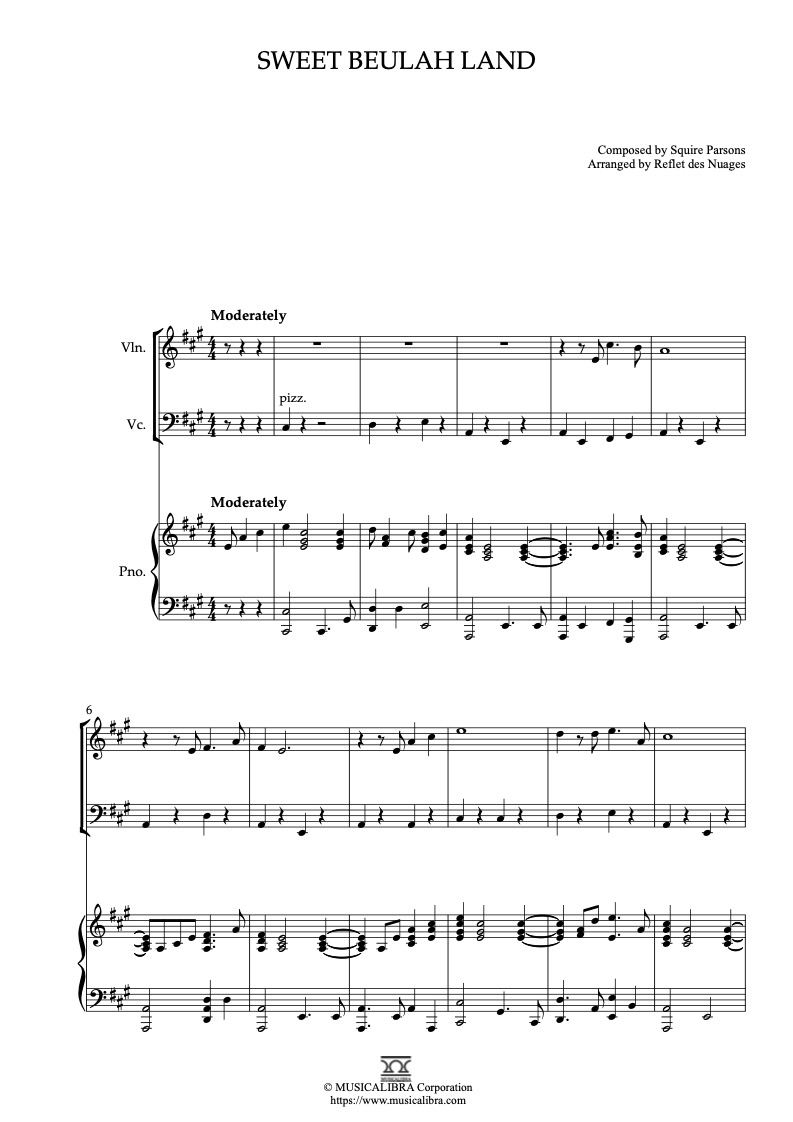 Partitura de Sweet Beulah Land arreglada para trío de violín, violonchelo y piano