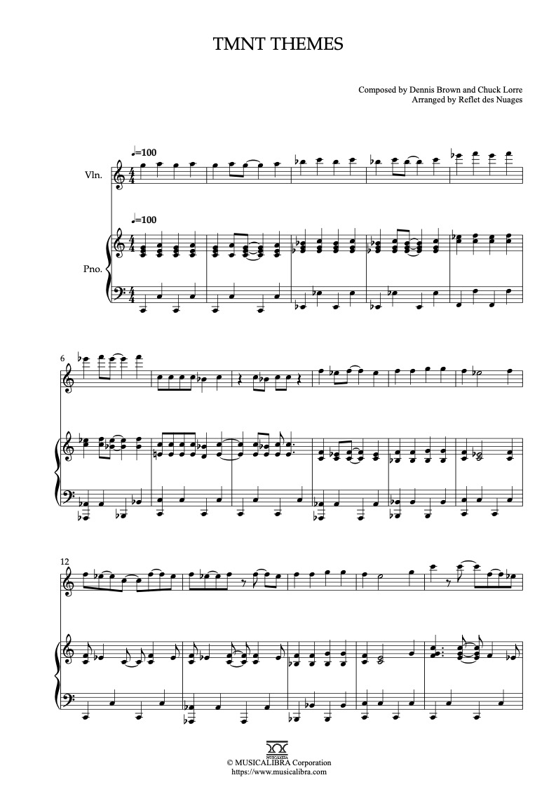 Partitura de TMNT Themes arreglada para dueto de violín y piano