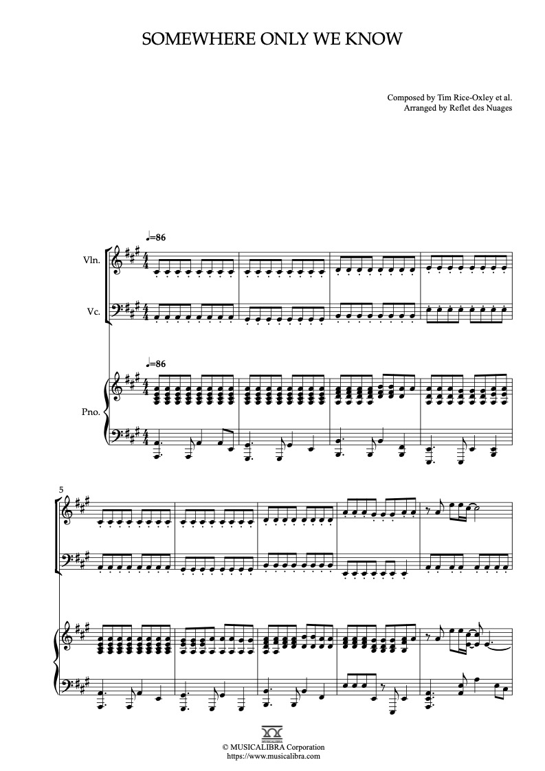 Partitura de Keane Somewhere Only We Know arreglada para trío de violín, violonchelo y piano