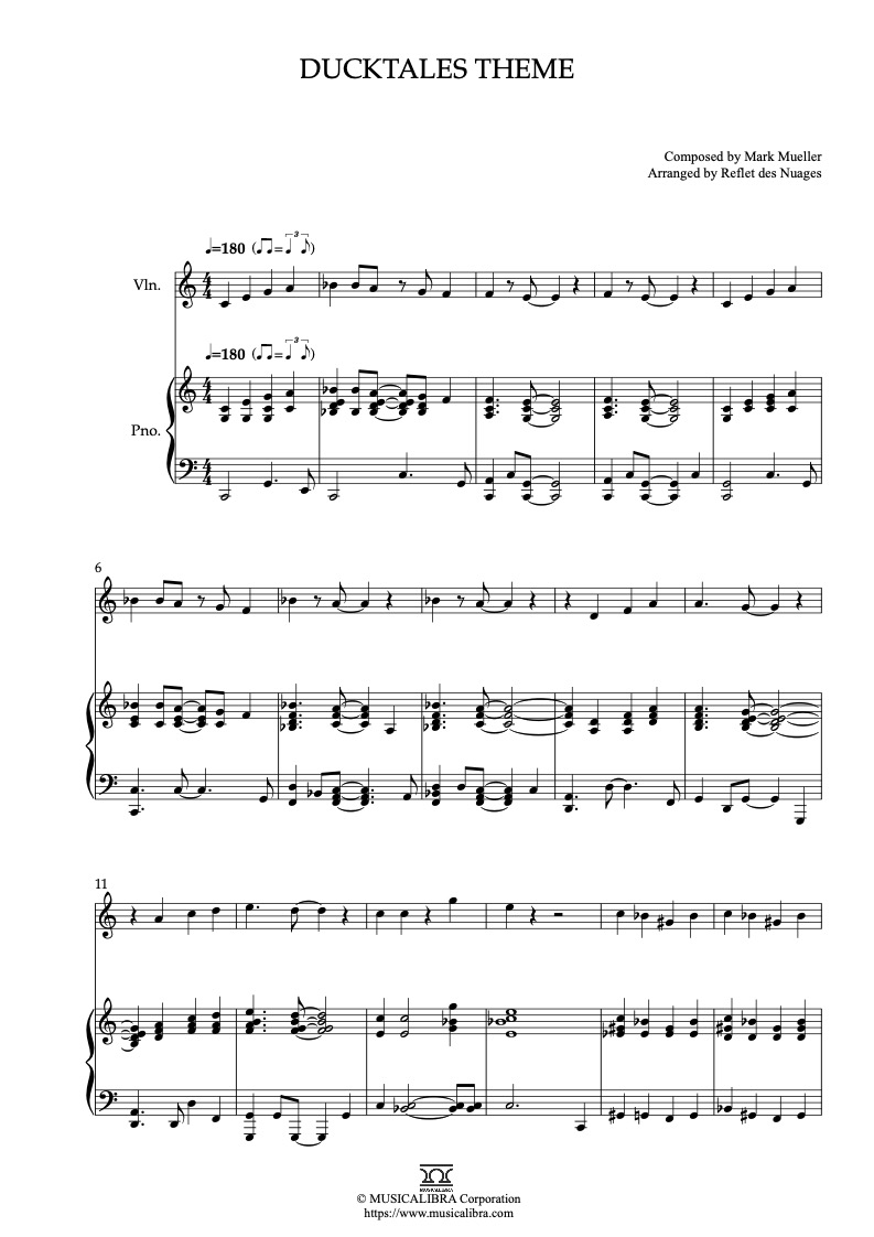 DuckTales Theme 二重奏 乐谱 - 小提琴, 钢琴