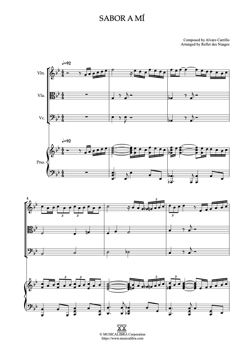Partitura de Sabor a Mí arreglada para cuarteto de violín, viola, violonchelo y piano