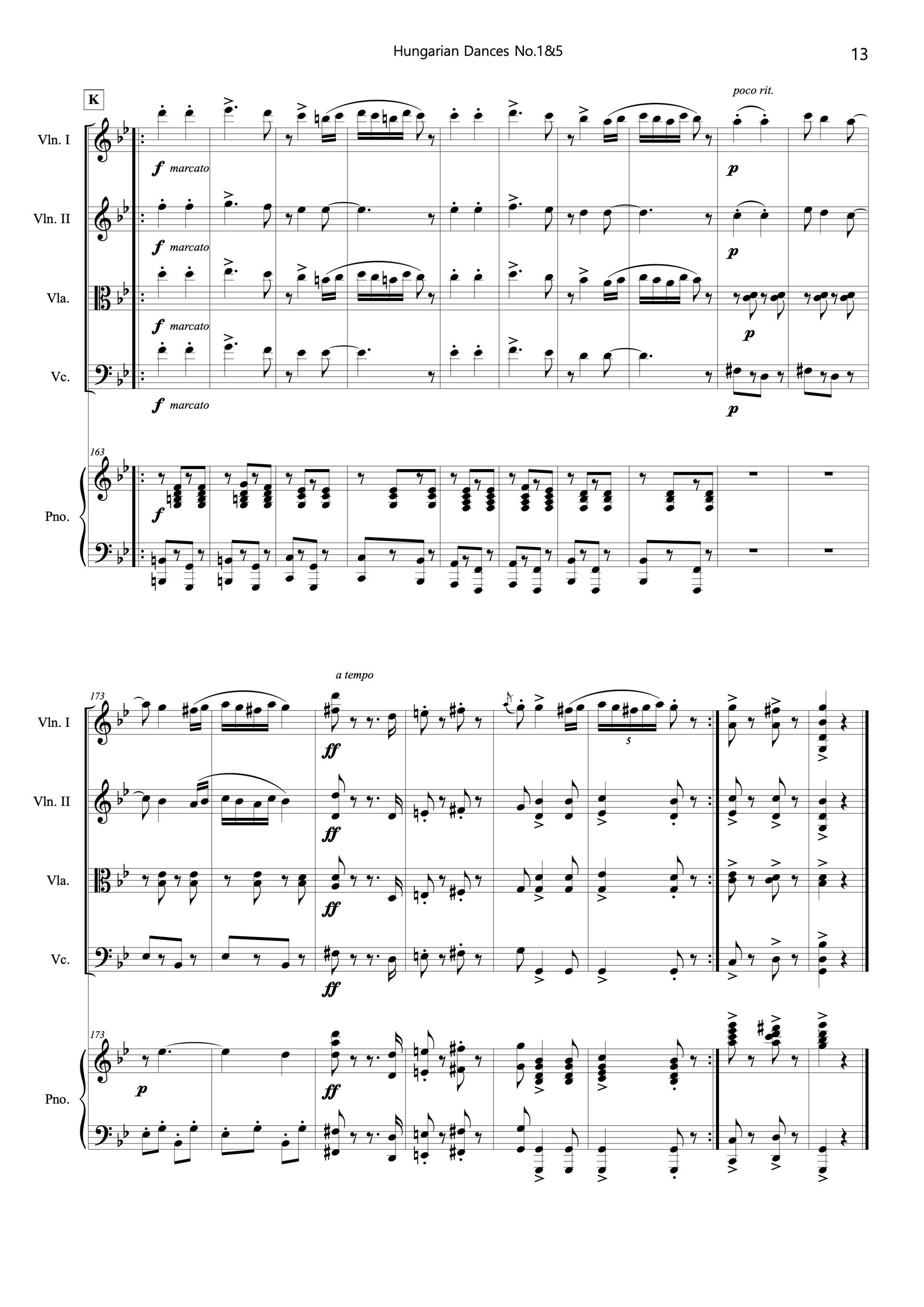 Sheet music of Hungarian Dances No. 1 and 5 arranged for violins, viola, cello and piano quintet preview page 13