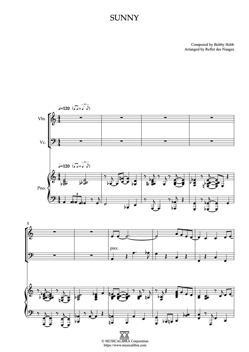 Bobby Hebb Sunny 바이올린, 첼로, 피아노 트리오 실내악 앙상블 편곡 악보