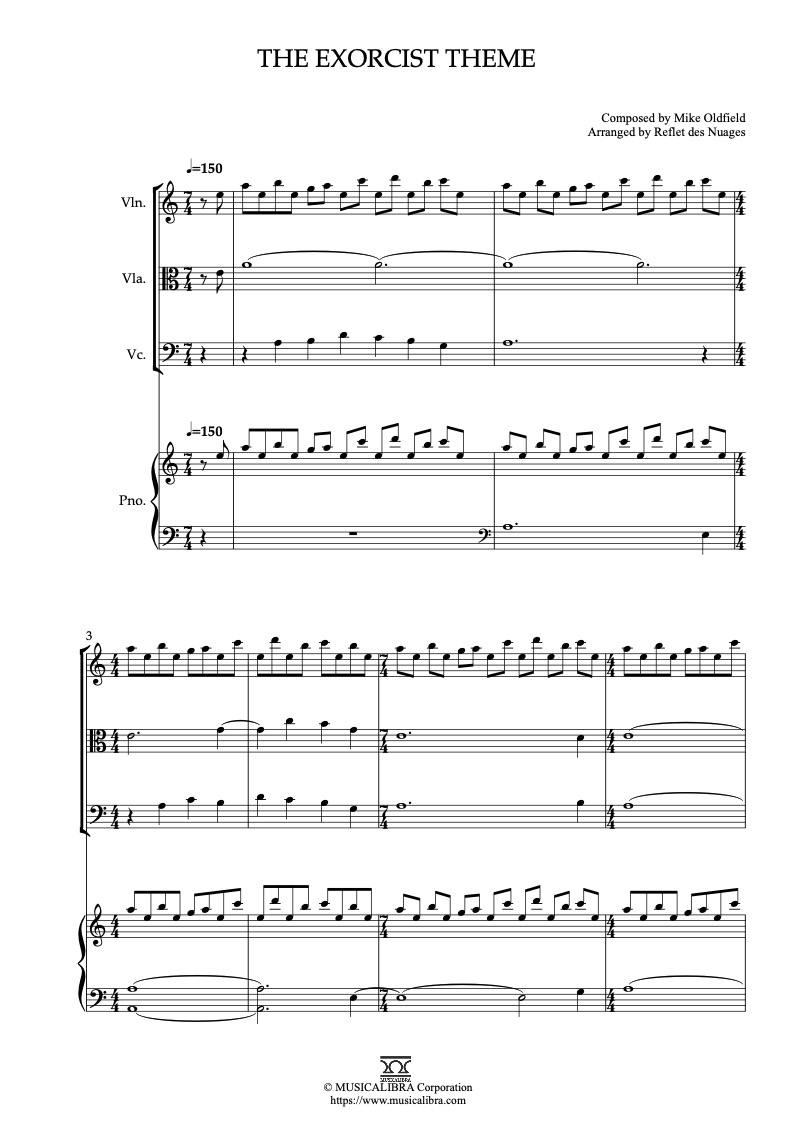 Sheet music of The Exorcist The Exorcist Theme arranged for violin, viola, cello and piano quartet chamber ensemble preview page 1