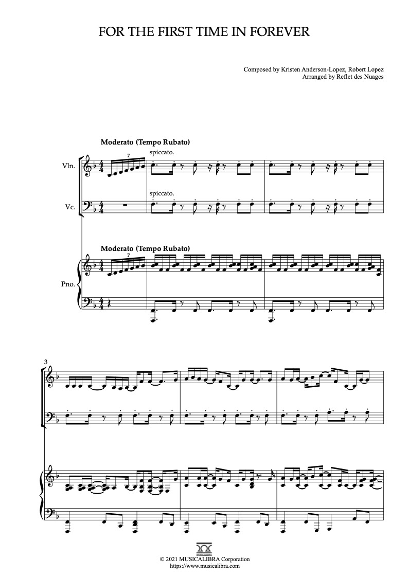 Sheet music of For the First Time in Forever arranged for violin, cello and piano trio chamber ensemble preview page 1