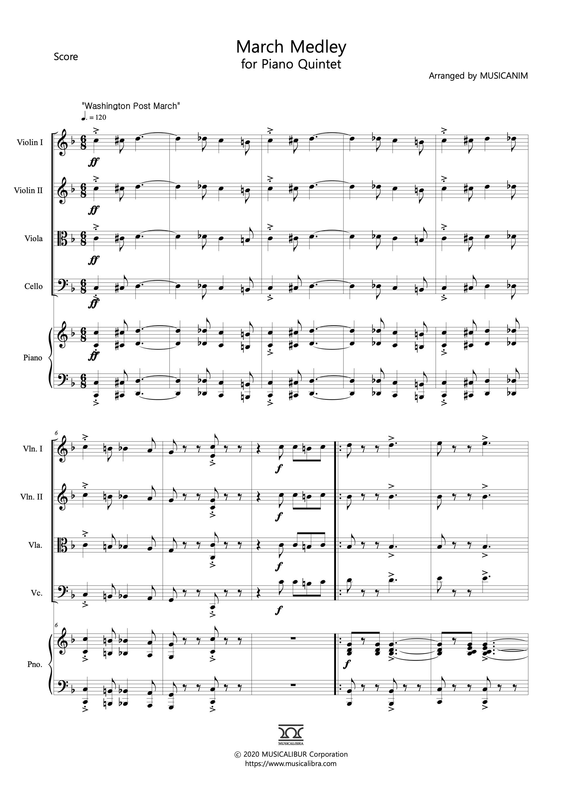 Sheet music of March Medley arranged for violins, viola, cello and piano quintet preview page 1