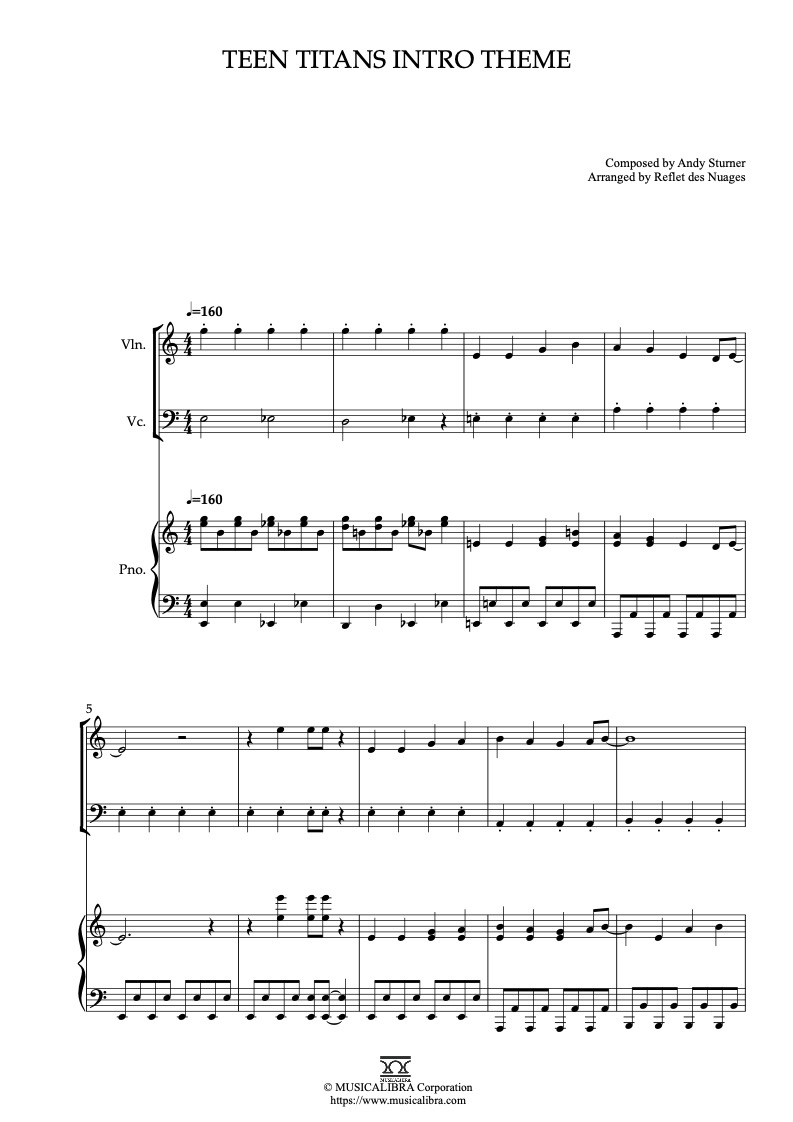 Partitura de Teen Titans Intro Theme arreglada para trío de violín, violonchelo y piano