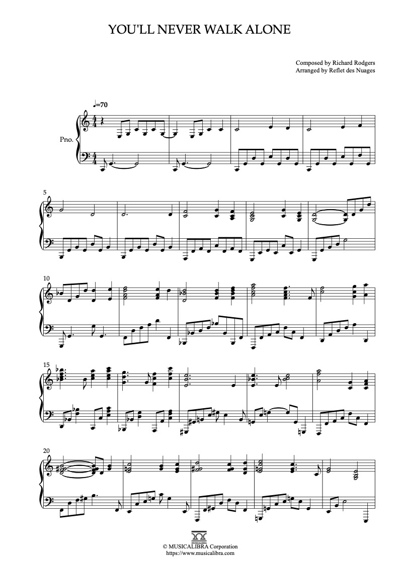 Partitura de Carousel You'll Never Walk Alone arreglada para piano solo