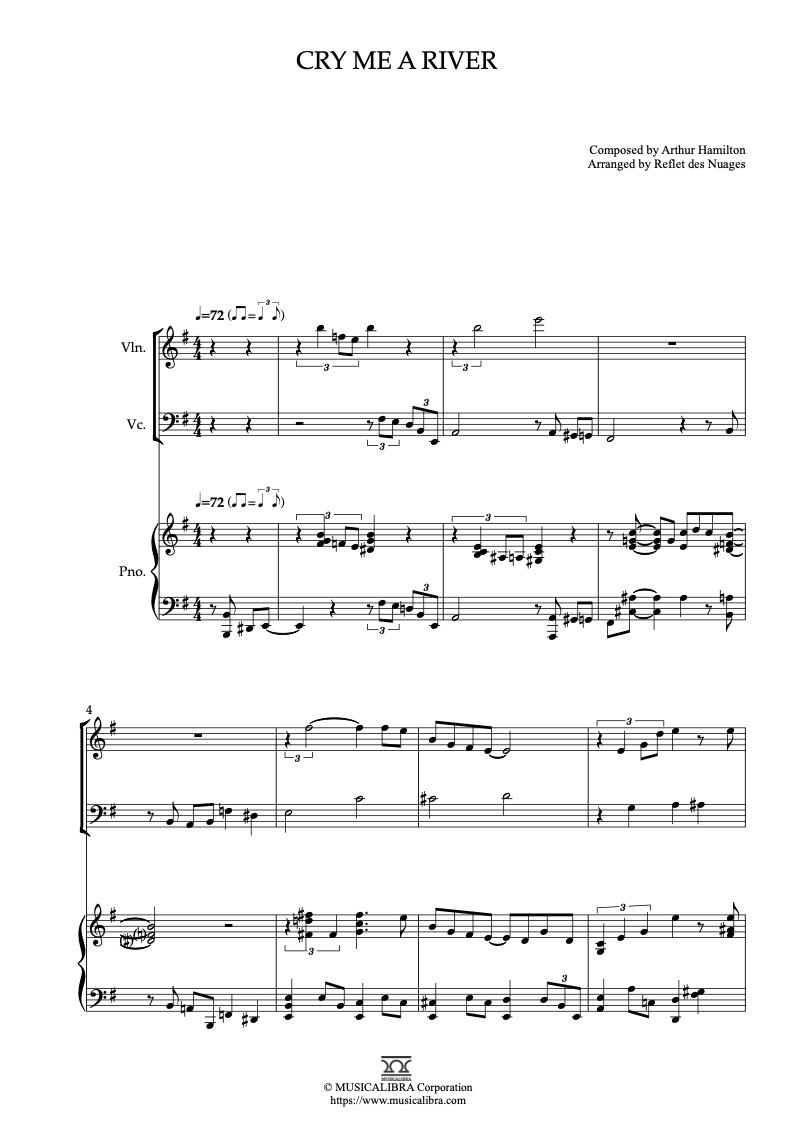 Sheet music of Ella Fitzgerald Cry Me a River arranged for violin, cello and piano trio chamber ensemble preview page 1