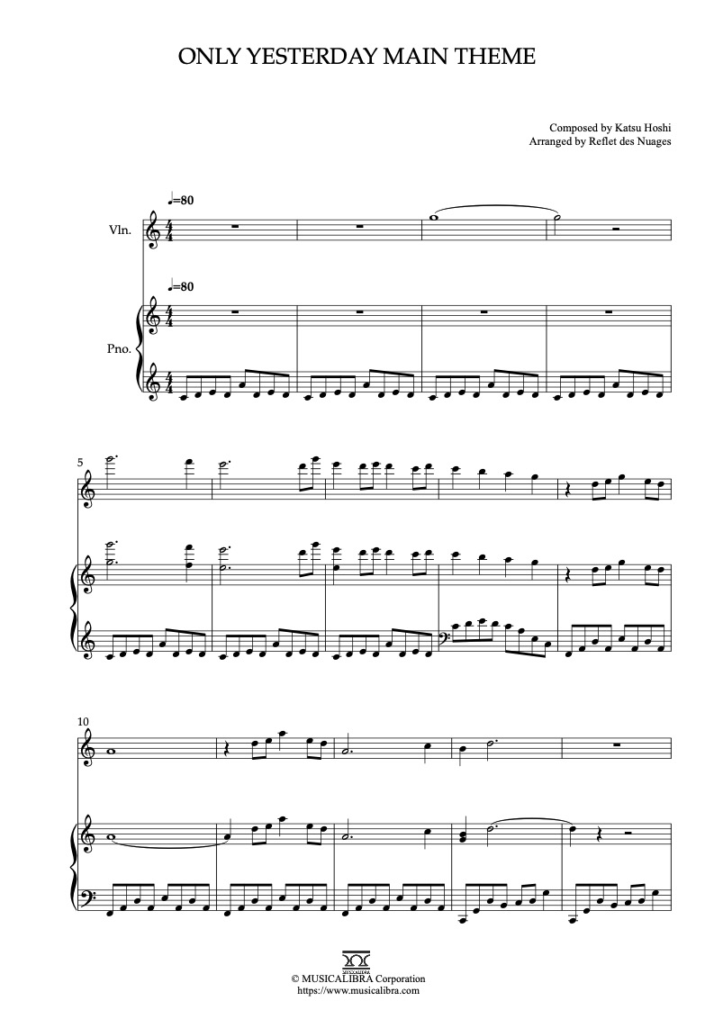 Only Yesterday Main Theme 編曲楽譜 - ヴァイオリン、ピアノデュエット