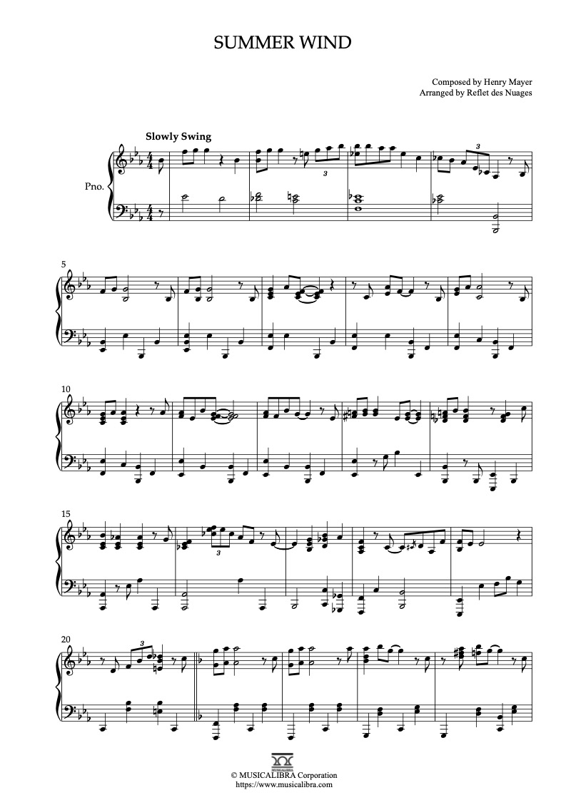 Partitura de Frank Sinatra Summer Wind arreglada para piano solo