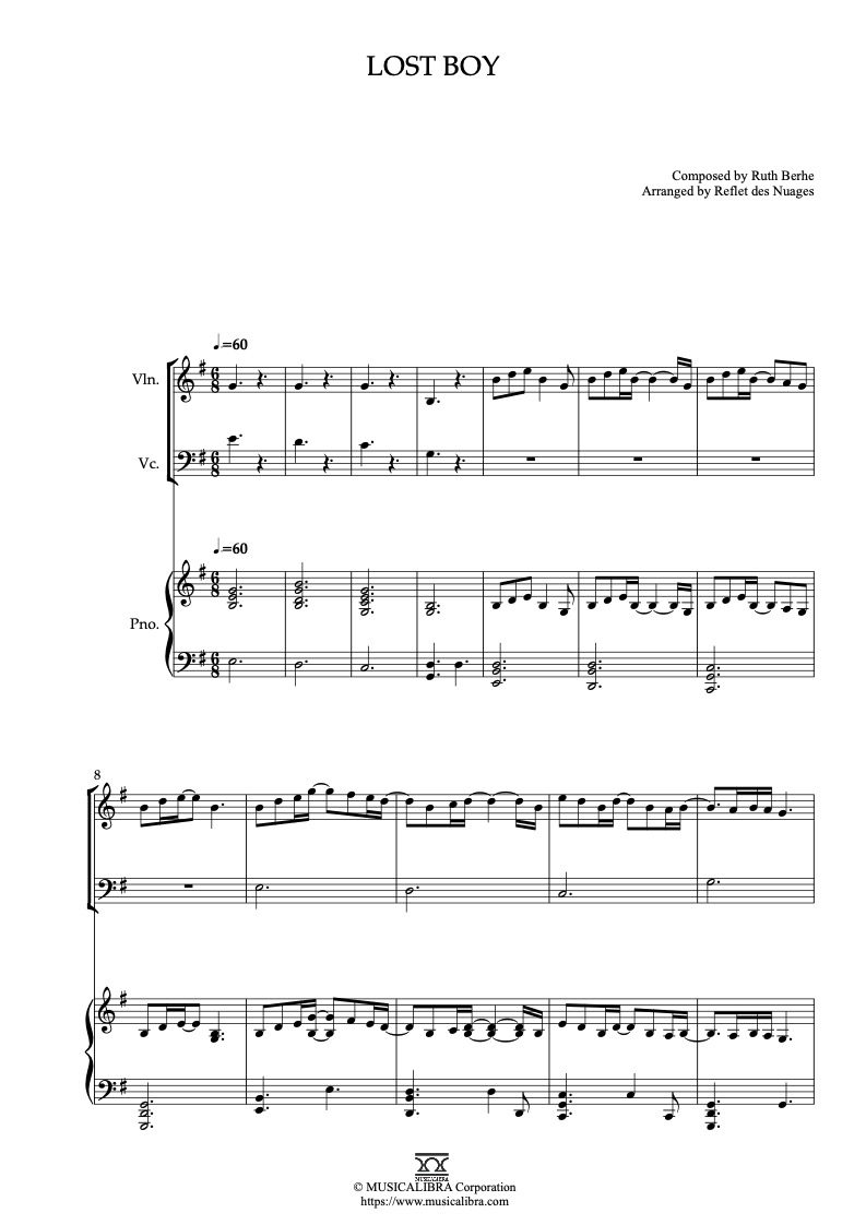 Sheet music of Ruth B Lost Boy arranged for violin, cello and piano trio chamber ensemble preview page 1