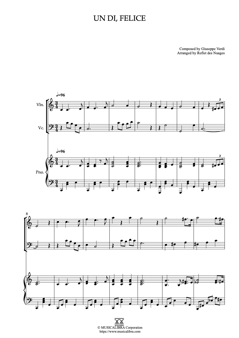 Sheet music of La Traviata Un di, felice arranged for violin, cello and piano trio chamber ensemble preview page 1