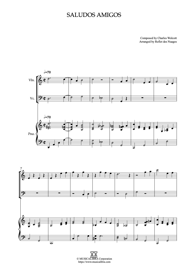 Partitura de Saludos Amigos arreglada para trío de violín, violonchelo y piano
