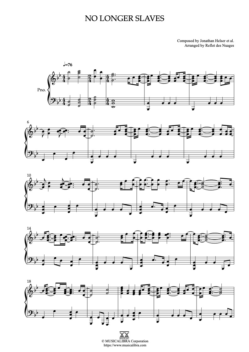 Partitura de Bethel Music No Longer Slaves arreglada para piano solo