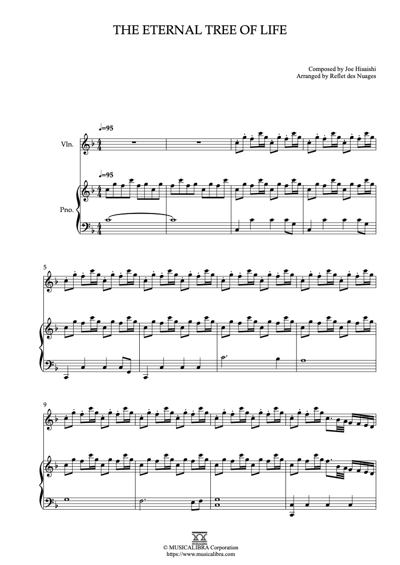 Sheet music of Castle in the Sky Theme The Eternal Tree of Life arranged for violin and piano duet chamber ensemble preview page 1