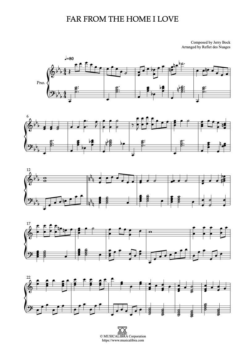 Sheet music of Fiddle on the Roof Far From the Home I Love arranged for piano solo preview page 1
