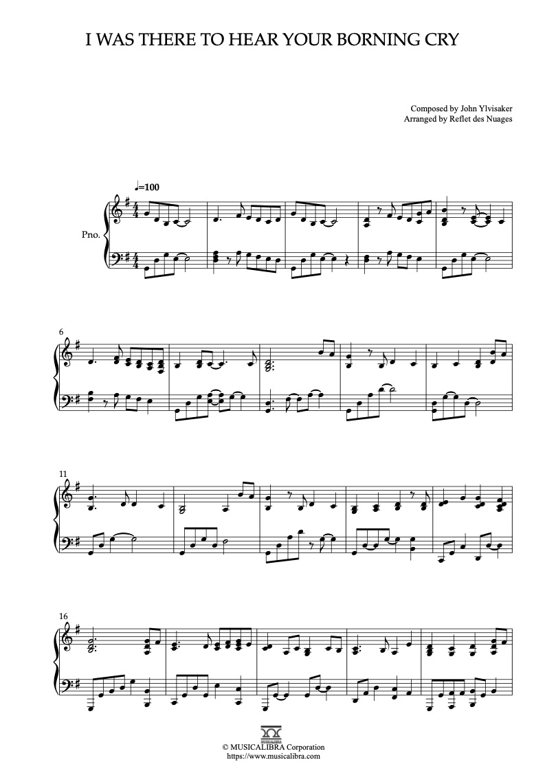 I Was There to Hear Your Borning Cry ピアノソロ 編曲 楽譜