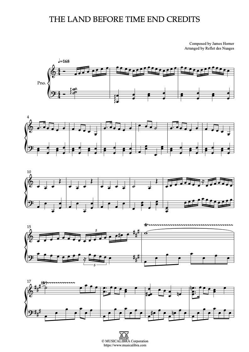 Partitura de The Land Before Time End Credits arreglada para piano solo