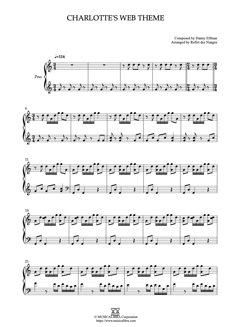 Partitura de Charlotte's Web Theme arreglada para piano solo