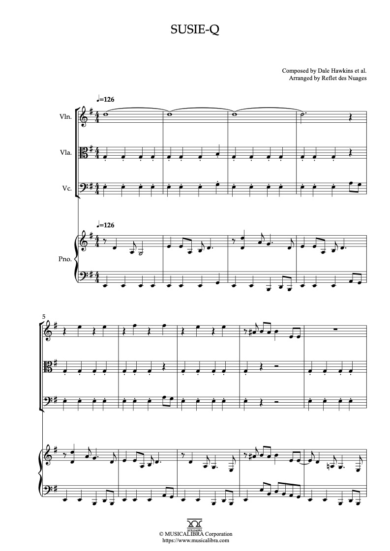 Sheet music of Creedence Clearwater Revival Susie-Q arranged for violin, viola, cello and piano quartet chamber ensemble preview page 1