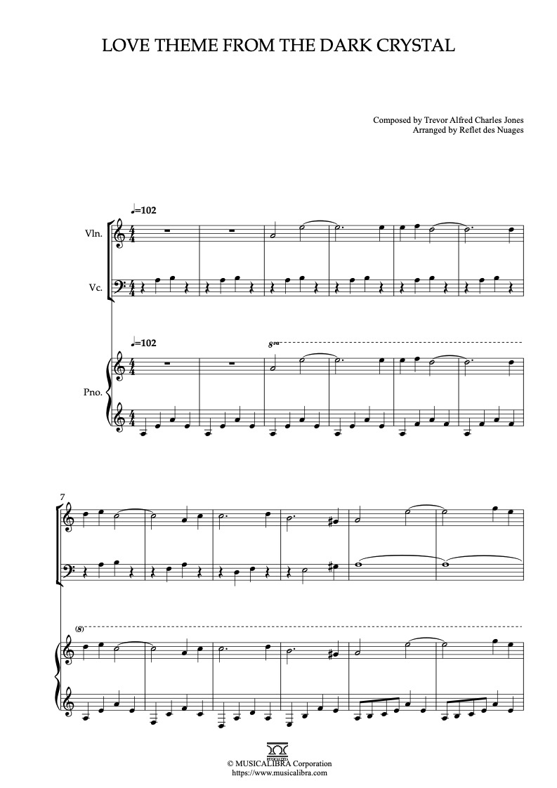 Partitura de Love Theme From the Dark Crystal arreglada para trío de violín, violonchelo y piano