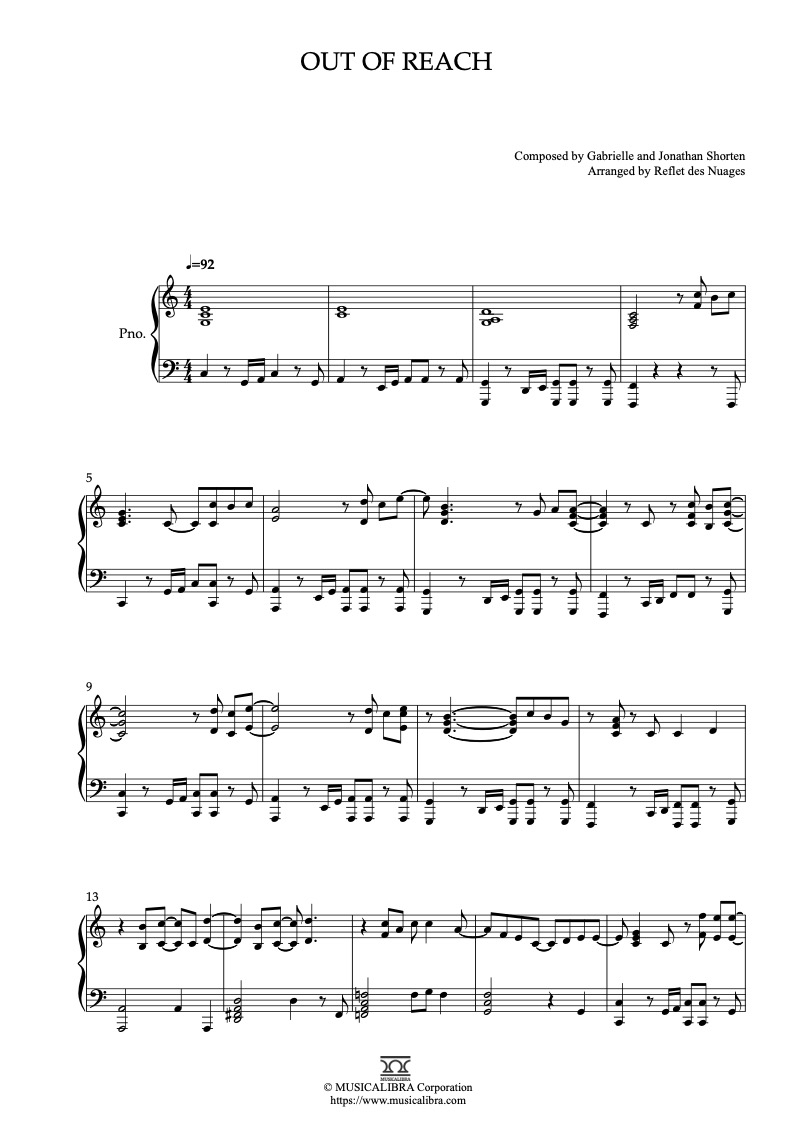 Sheet music of Gabrielle Out of Reach arranged for piano solo preview page 1