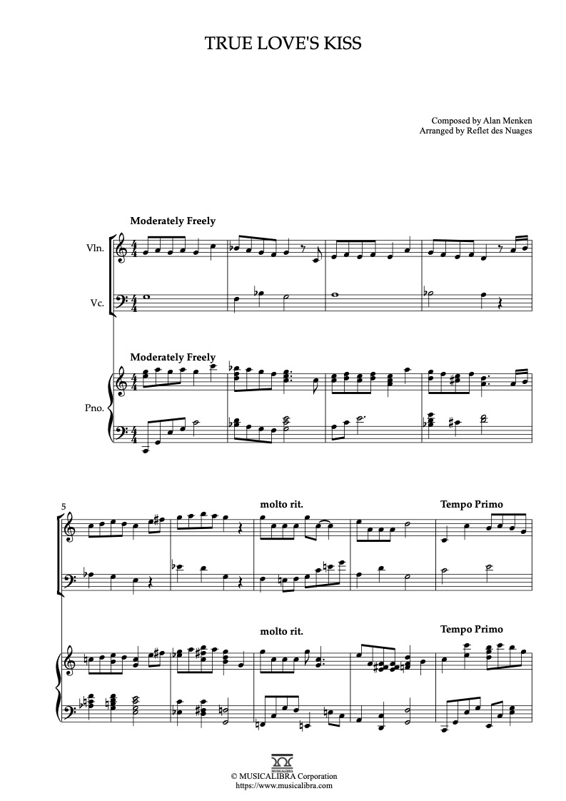 Sheet music of Enchanted True Love's Kiss arranged for violin, cello and piano trio chamber ensemble preview page 1