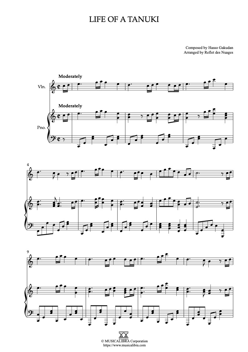 Partitura de Pom Poko Life of a Tanuki arreglada para dueto de violín y piano
