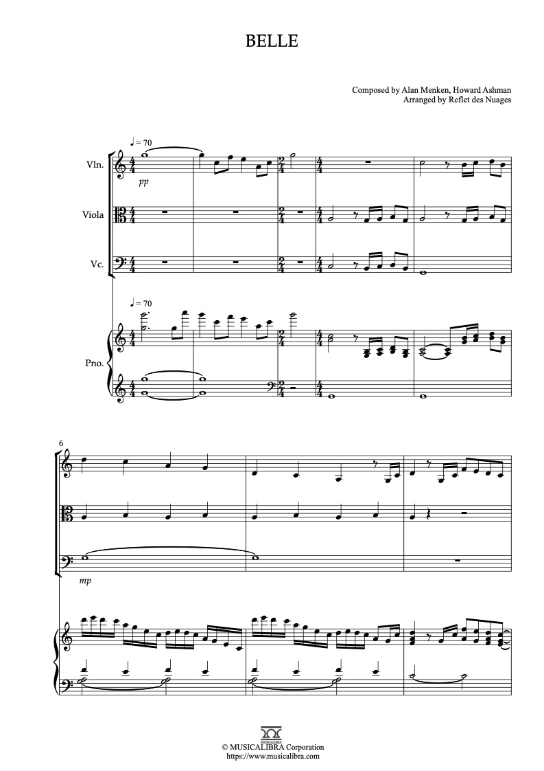 Sheet music of Beauty and the Beast Belle arranged for violin, viola, cello and piano quartet chamber ensemble preview page 1