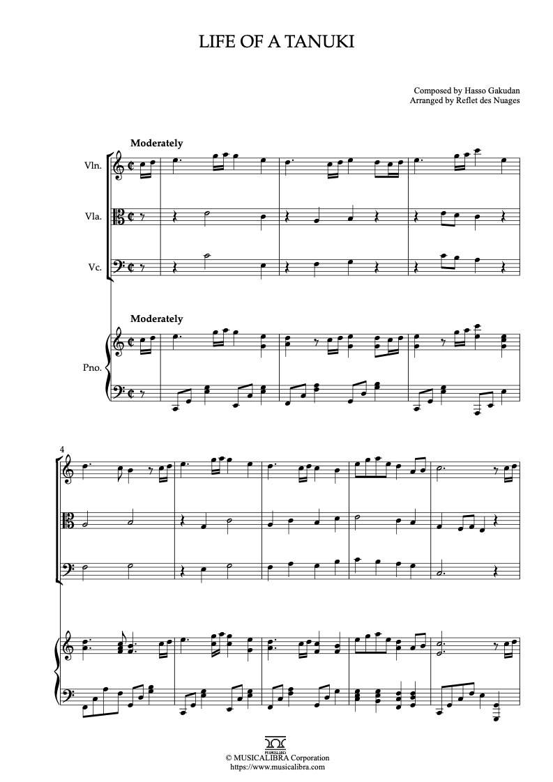 Partitura de Pom Poko Life of a Tanuki arreglada para cuarteto de violín, viola, violonchelo y piano