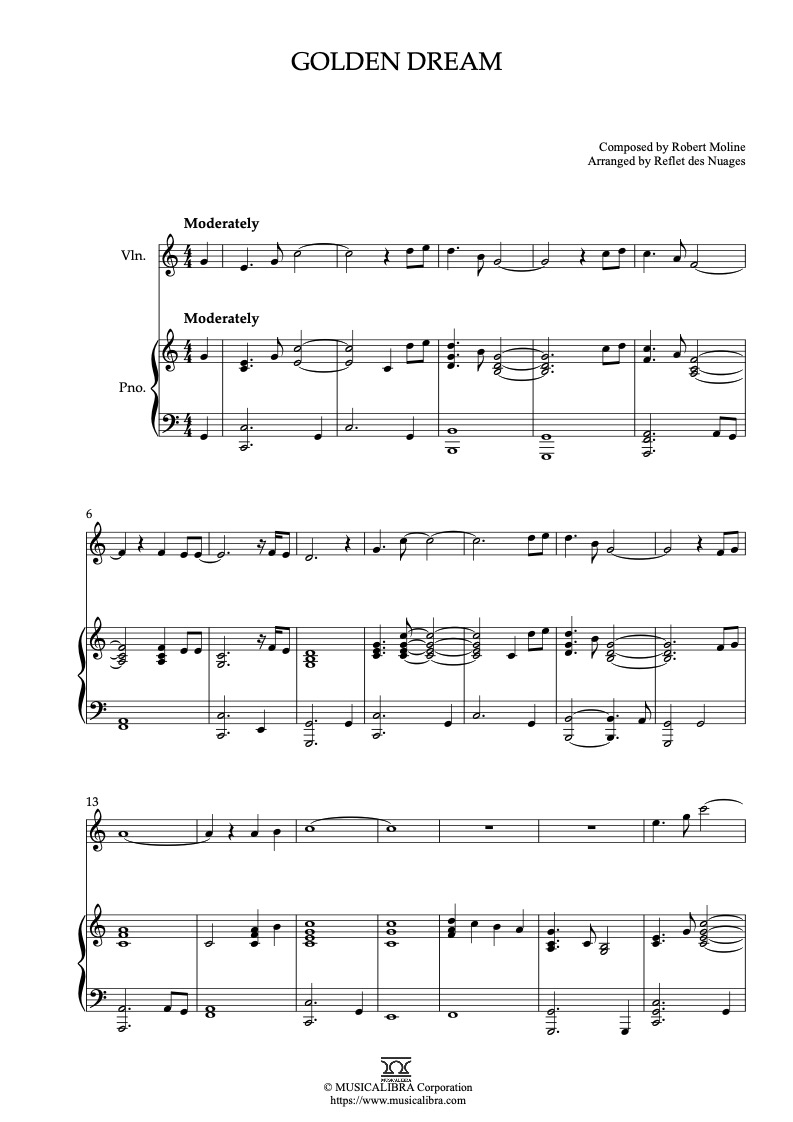 Partitura de Golden Dream arreglada para dueto de violín y piano