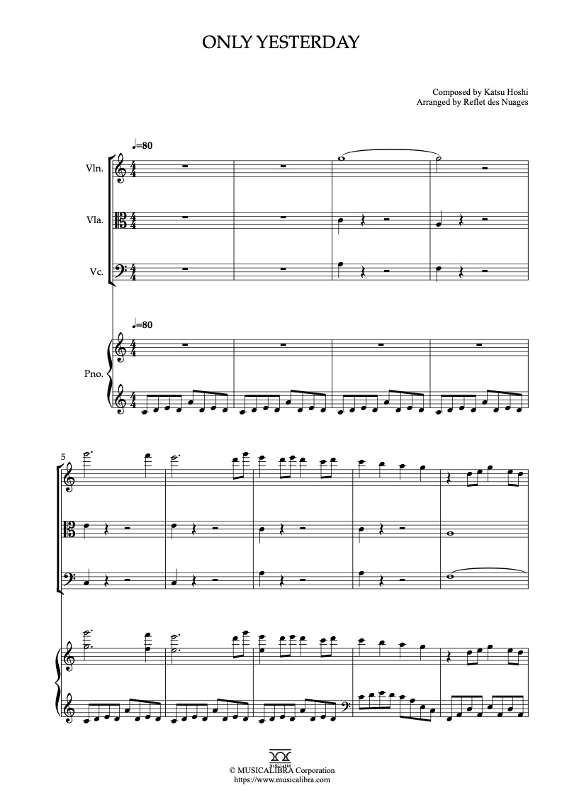 Only Yesterday Main Theme 四重奏 乐谱 - 小提琴, 中提琴, 大提琴, 钢琴