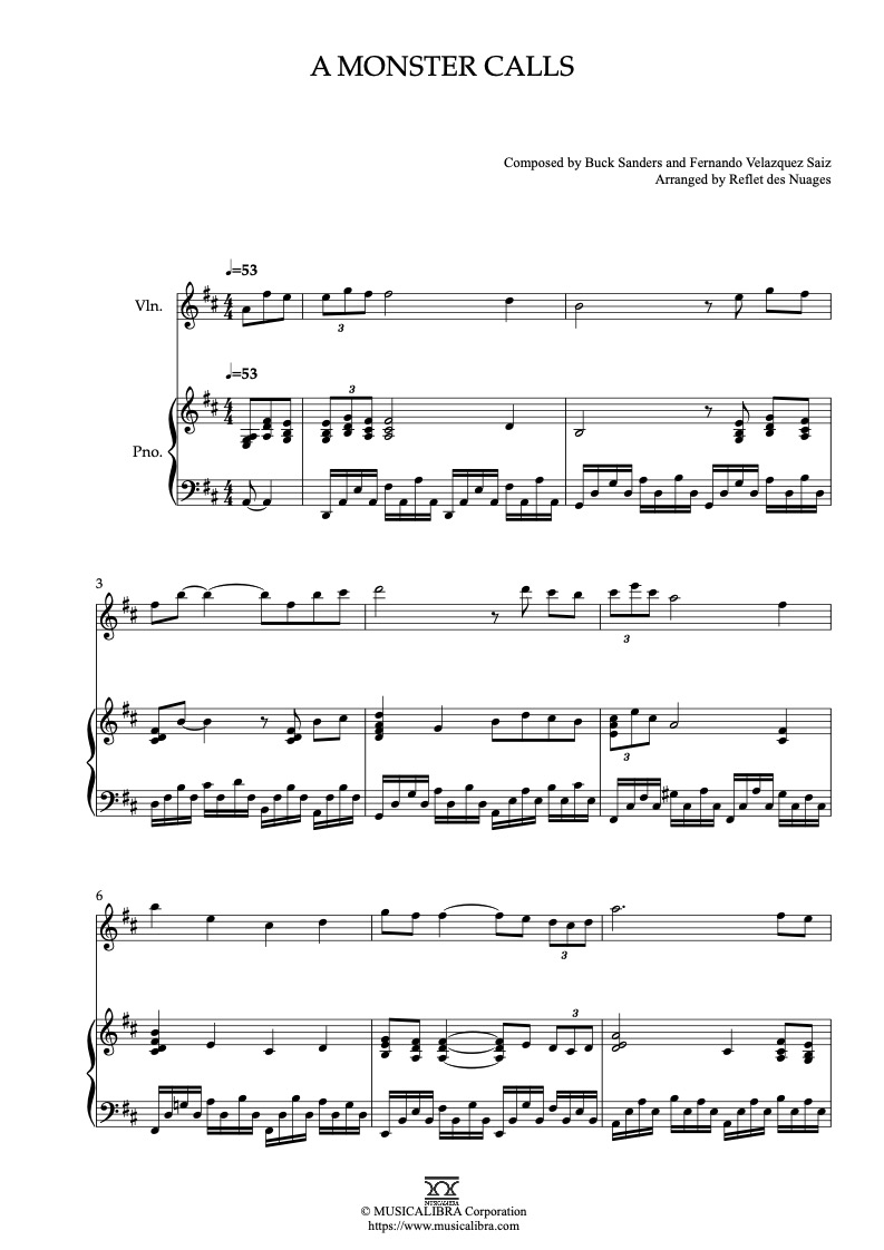 Sheet music of A Monster Calls arranged for violin and piano duet preview page 1