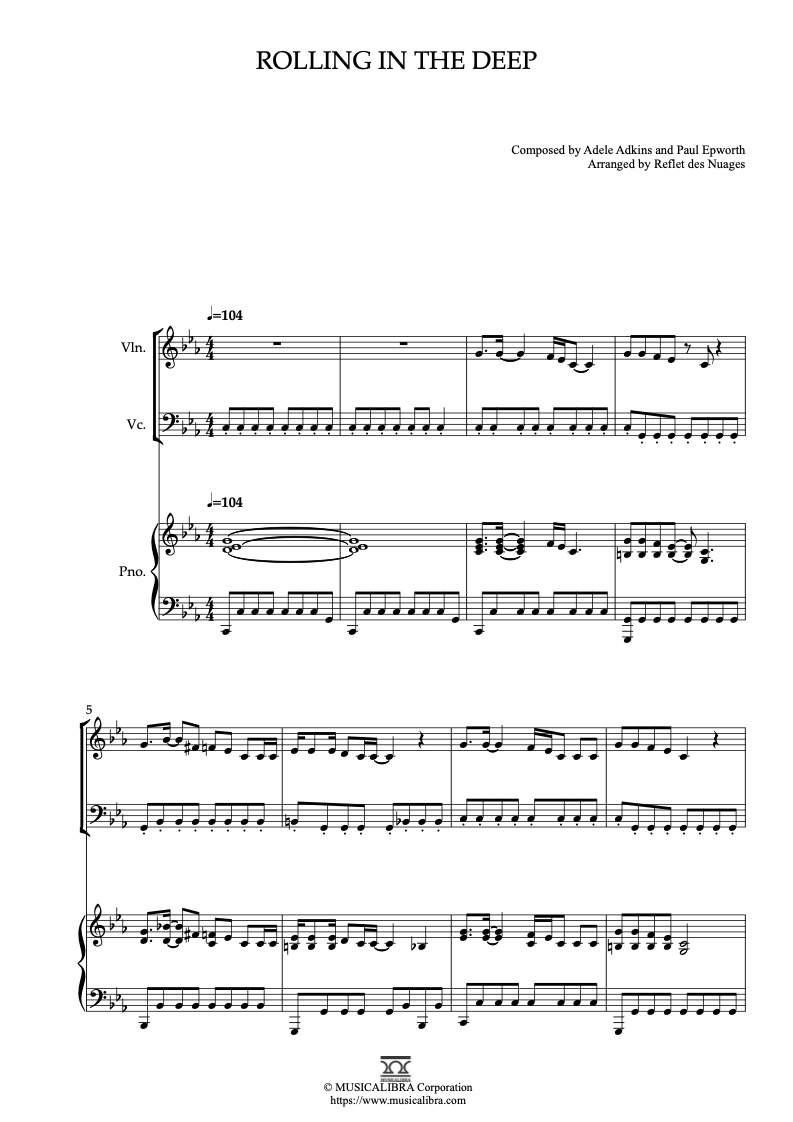 Partitura de Adele Rolling in the Deep arreglada para trío de violín, violonchelo y piano