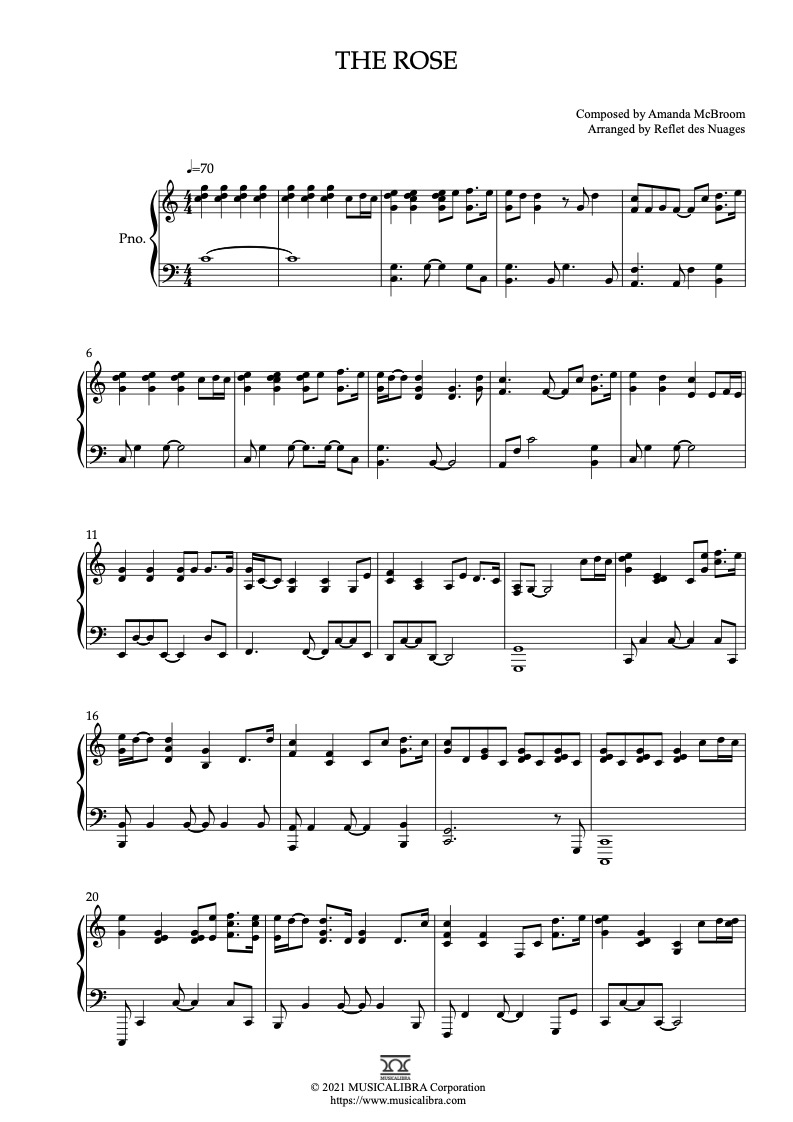 Sheet music of Bette Midler The Rose arranged for piano solo preview page 1
