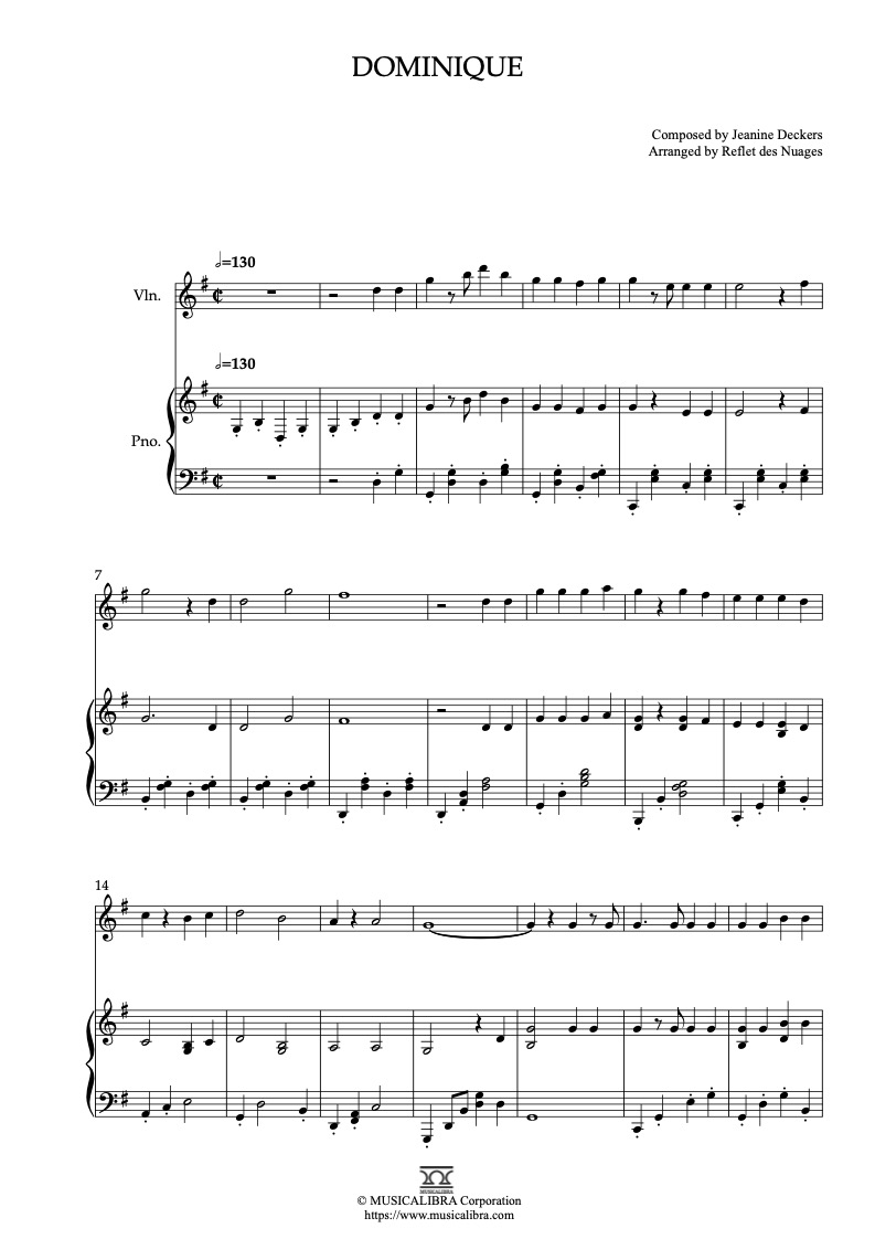 Partitura de The Singing Nun Dominique arreglada para dueto de violín y piano