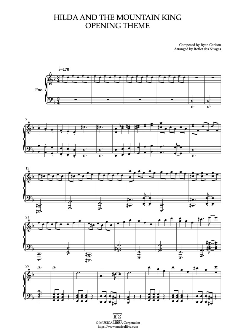 Sheet music of Hilda and the Mountain King Opening Theme arranged for piano solo preview page 1