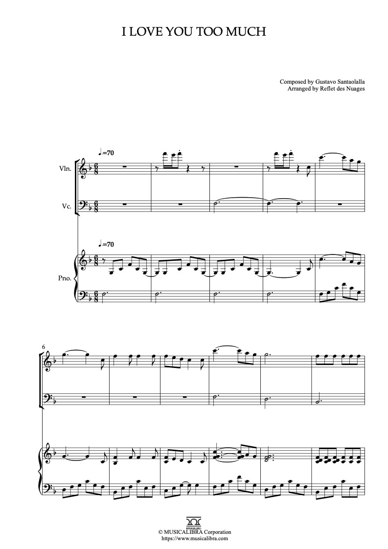 The Book of Life I Love You Too Much 三重奏 乐谱 - 小提琴, 大提琴, 钢琴