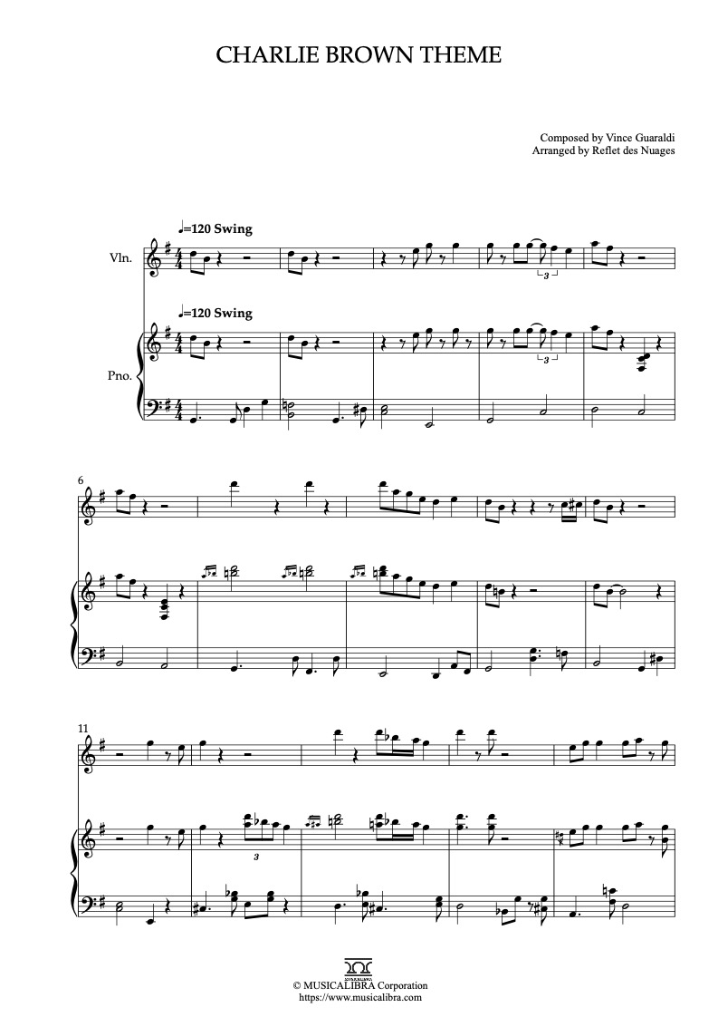 It's the Great Pumpkin, Charlie Brown Charlie Brown Theme 編曲楽譜 - ヴァイオリン、ピアノデュエット