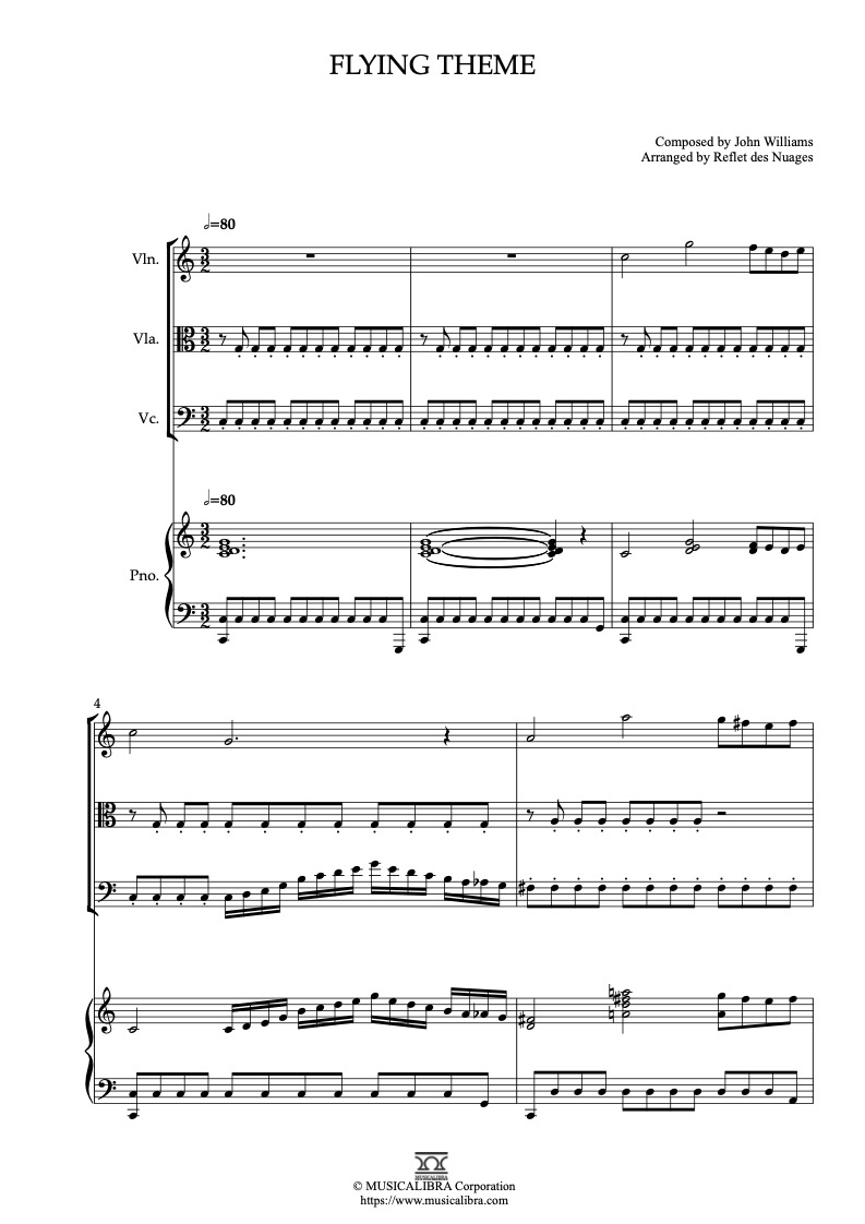 E.T. Flying Theme 四重奏 乐谱 - 小提琴, 中提琴, 大提琴, 钢琴