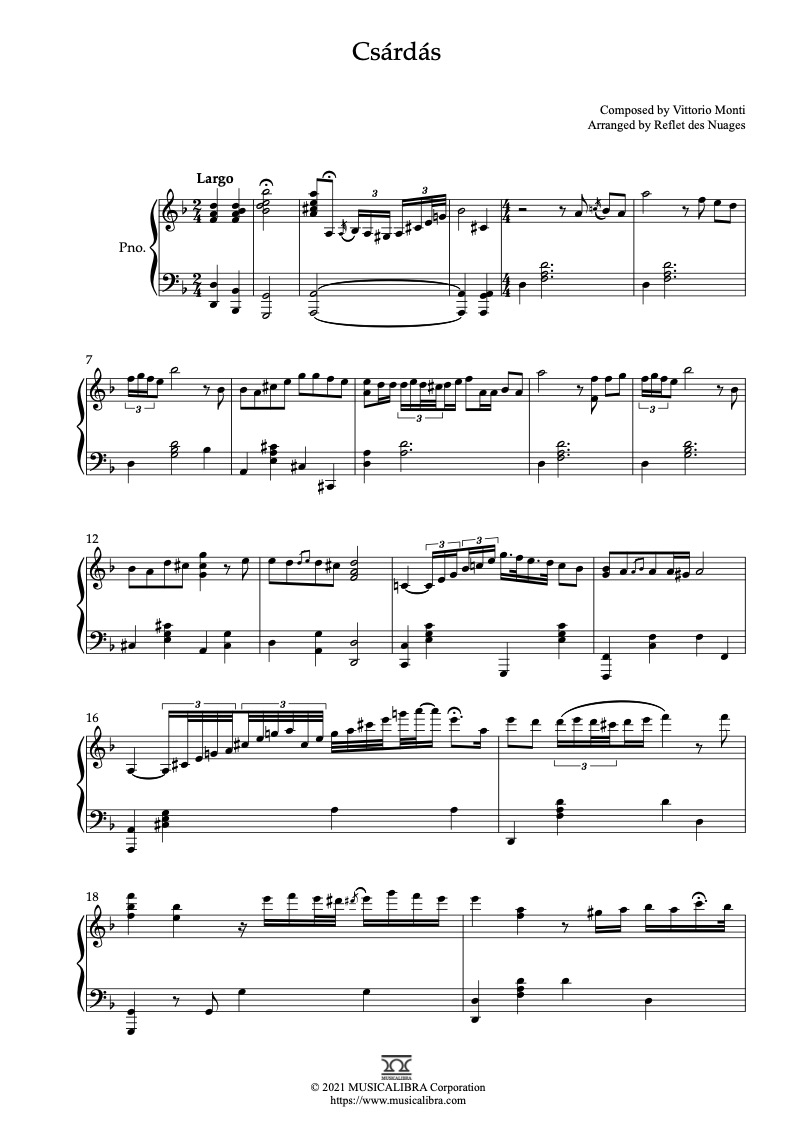 Partitura de Csárdás arreglada para piano solo