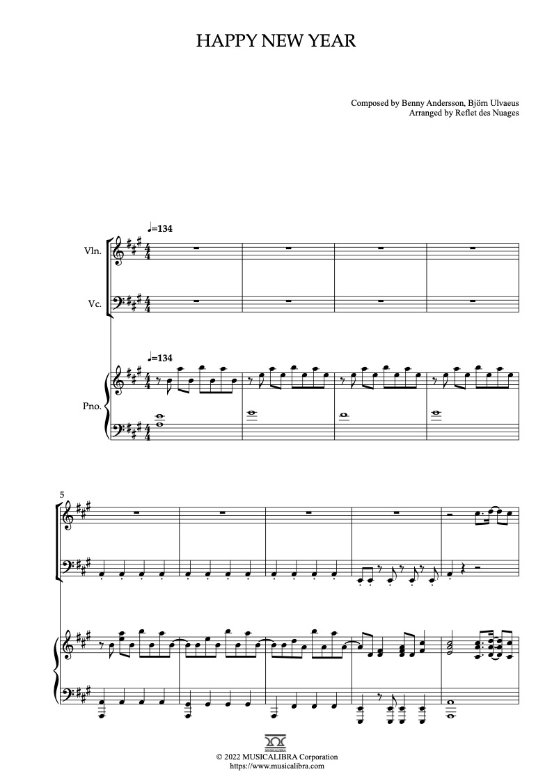 ABBA Happy New Year 三重奏 乐谱 - 小提琴, 大提琴, 钢琴