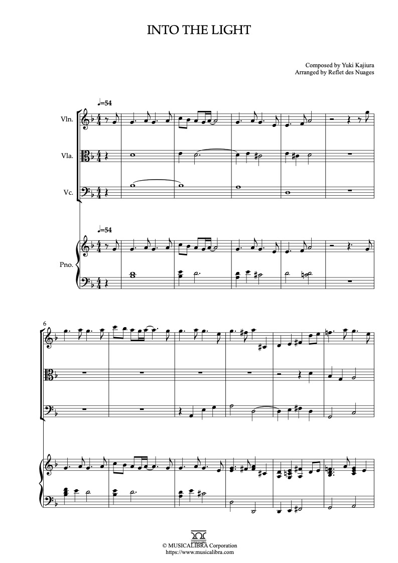 Partitura de Into the Light arreglada para cuarteto de violín, viola, violonchelo y piano