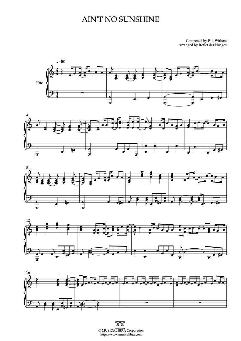 Sheet music of Bill Withers Ain't No Sunshine arranged for piano solo preview page 1