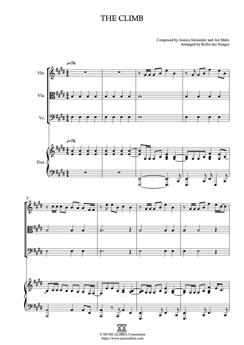 Sheet music of Miley Cyrus The Climb arranged for violin, viola, cello and piano quartet chamber ensemble preview page 1