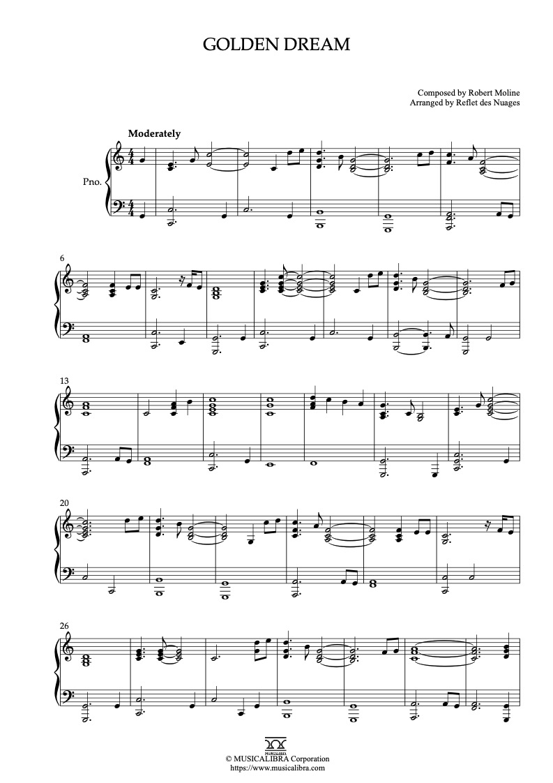 Partitura de Golden Dream arreglada para piano solo