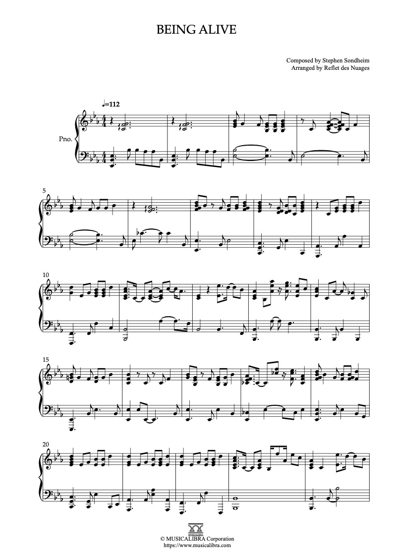 Sheet music of Musical Company Theme Being Alive arranged for piano solo preview page 1