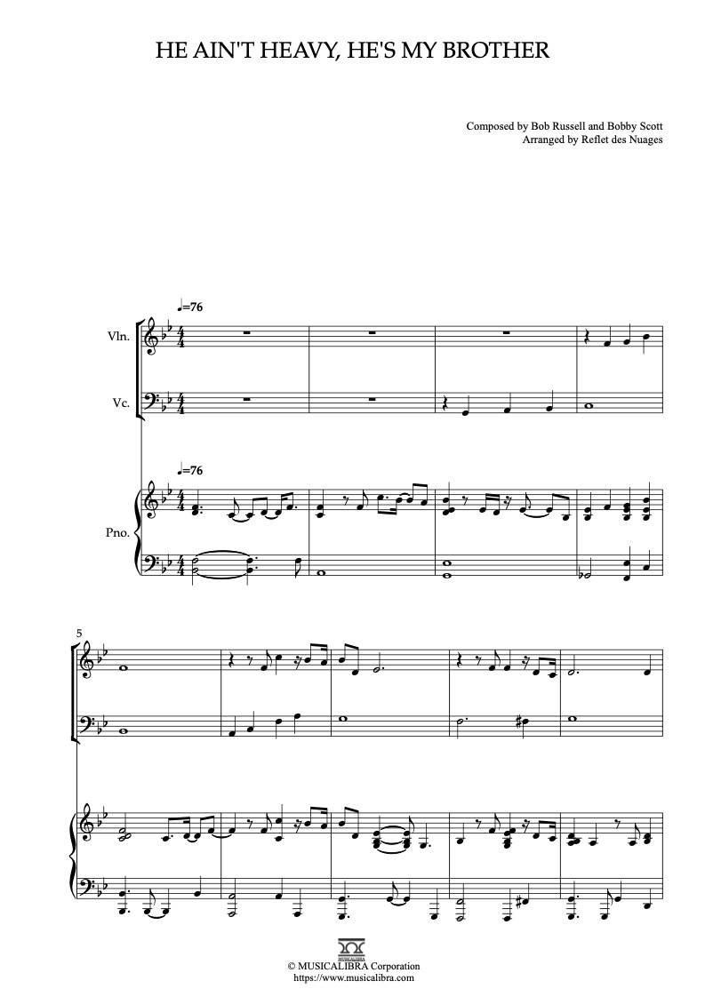 Partitura de The Hollies He Ain't Heavy, He's My Brother arreglada para trío de violín, violonchelo y piano